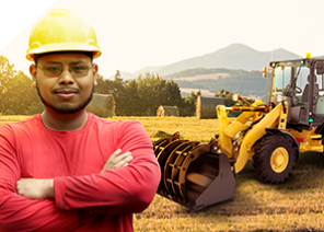 imagen decorativa de un hombre parado frente a un tractor Yancey Caterpillar